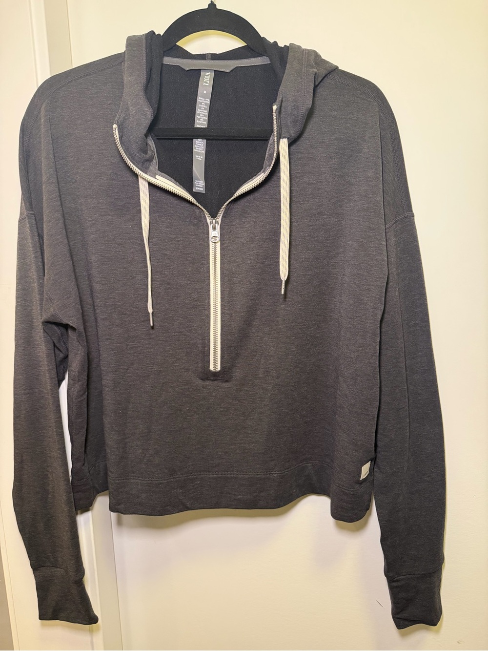 Vuori Charcoal Half-Zip Hoodie with Cream Drawstrings